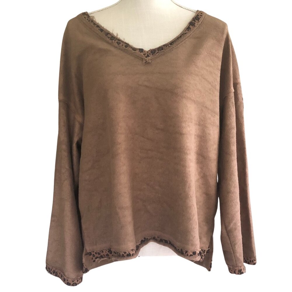 Boutique Inside Out Pullover Sweater – Leopard Trim Distressed Look Sz Small NWT